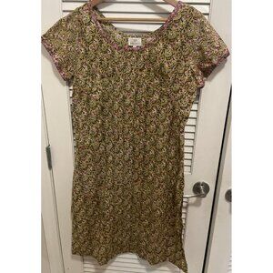 ANOKHI Cotton Pleated Side Slit Dress Green Pink Red Floral L